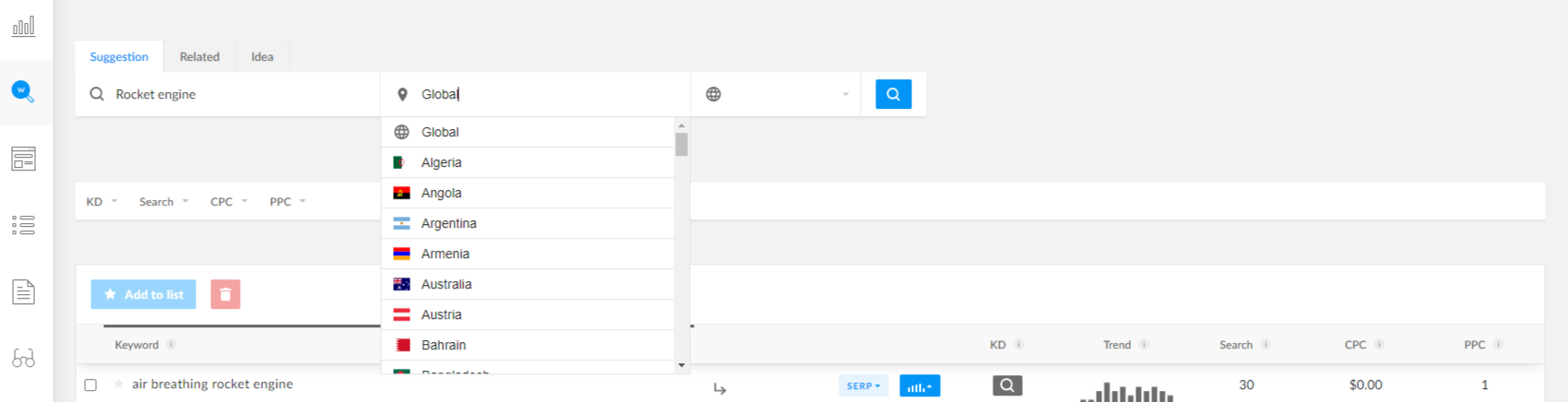 Lista de países disponíveis visíveis dentro da localização expandida