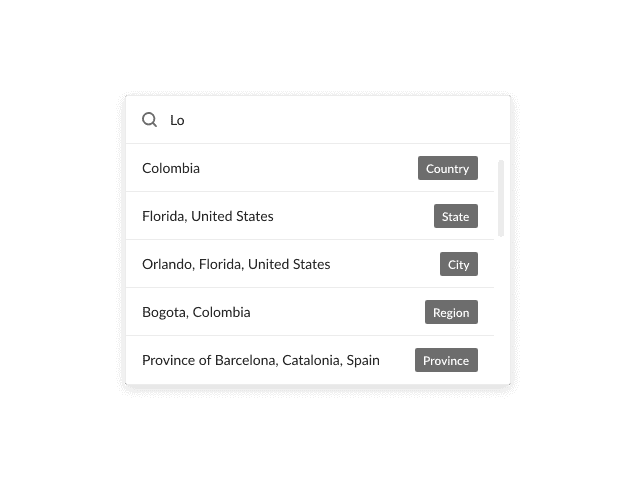 Search input showing results by country