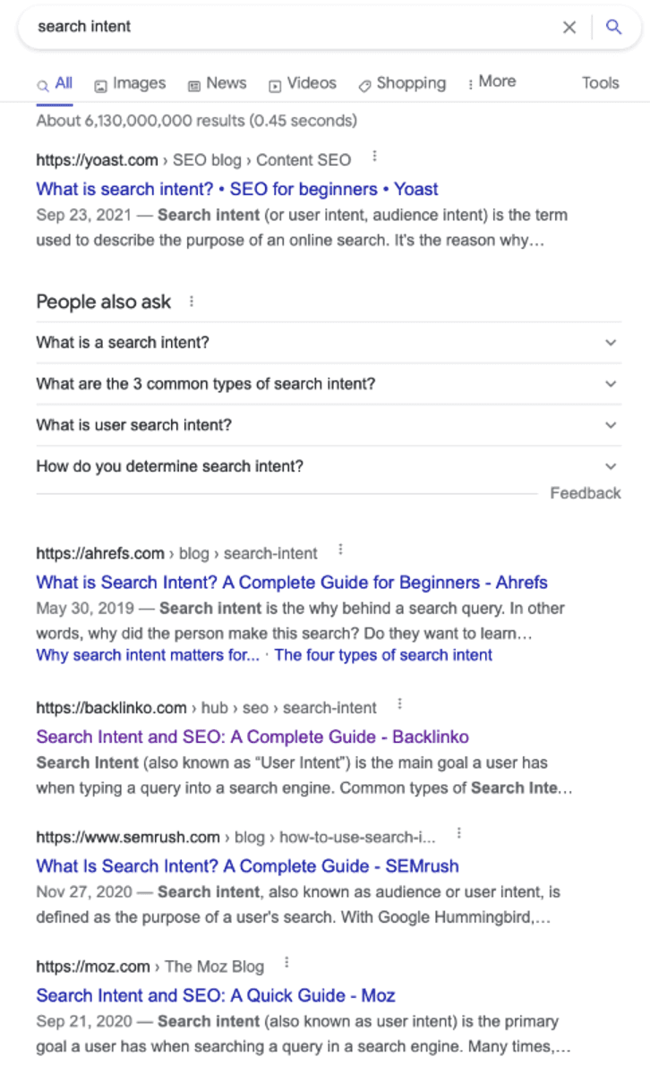 SERP para la palabra clave "search intent"
