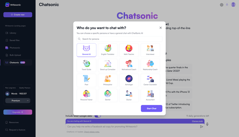 ChatSonic’s persona mode allows you to select the persona you wish to interact with