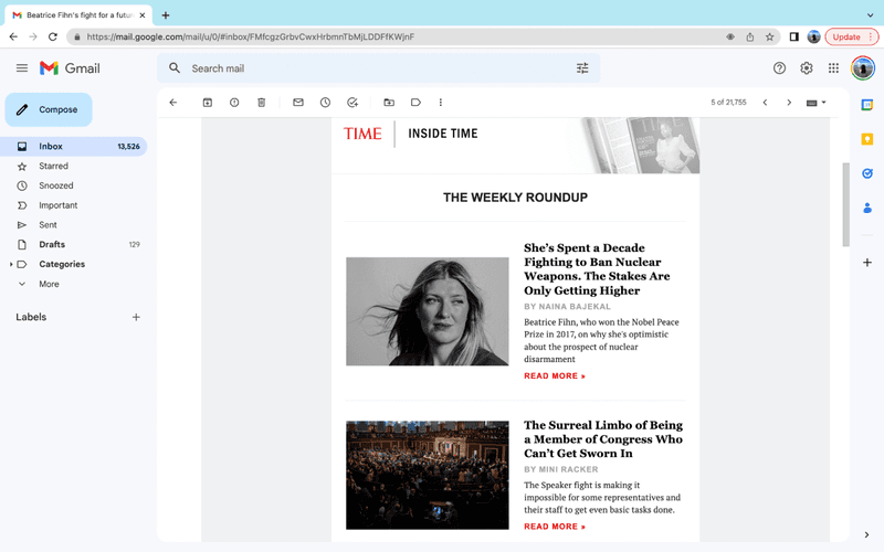 Example of a Weekly Roundup email from Time