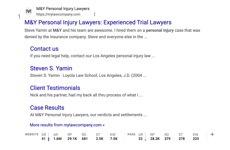 M&M Personal Injury Lawyer SERP result