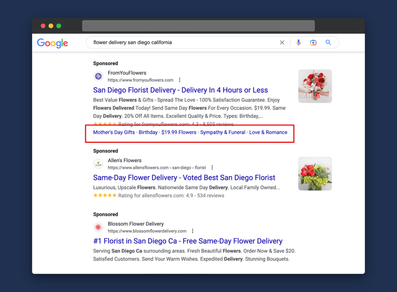 Screenshot of Google ads ranking for the keyword “flower delivery san diego california”