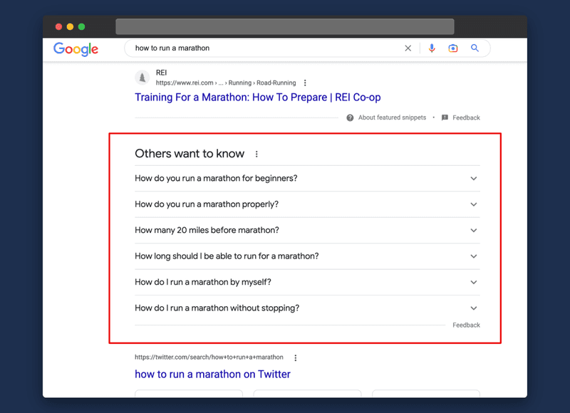 Screenshot of Google’s “others want to know” box for the keyword “how to run a marathon”
