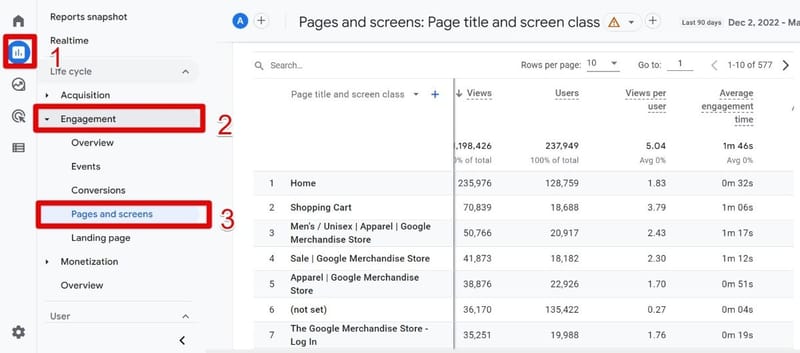 Pages and screens report