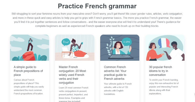 Its linked child pages include French grammar blog posts, tutoring resources, and beginner guides