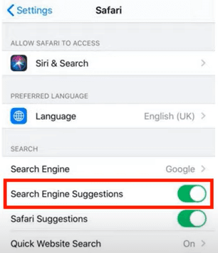 Steps to turn off trending searches in Safari Browser on an iPhone device