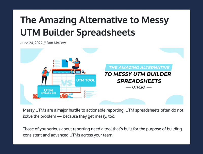 For their UTM builder spreadsheet alternative piece of content, UTM.io decided to create a special cover photo to highlight the idea.