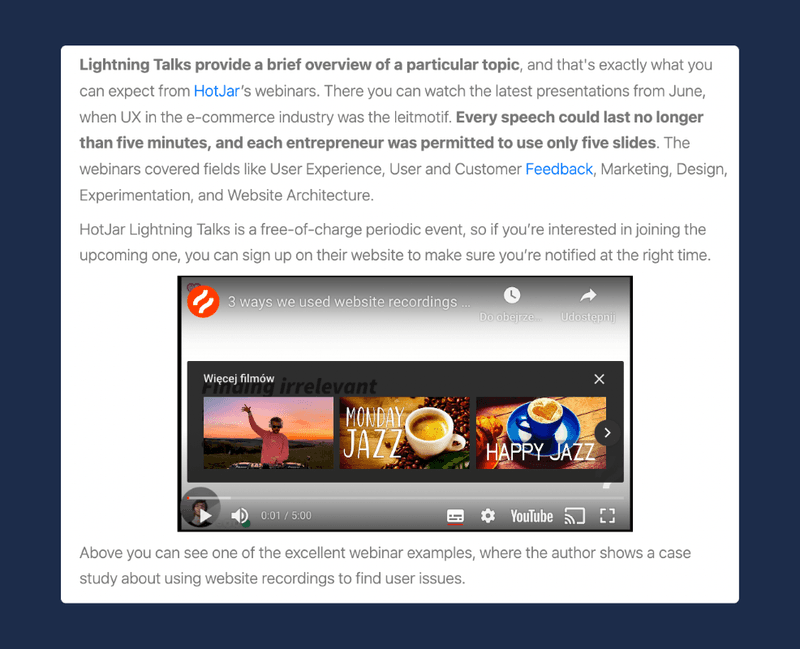 Videos are regularly embedded in the LiveWebinar blog posts.