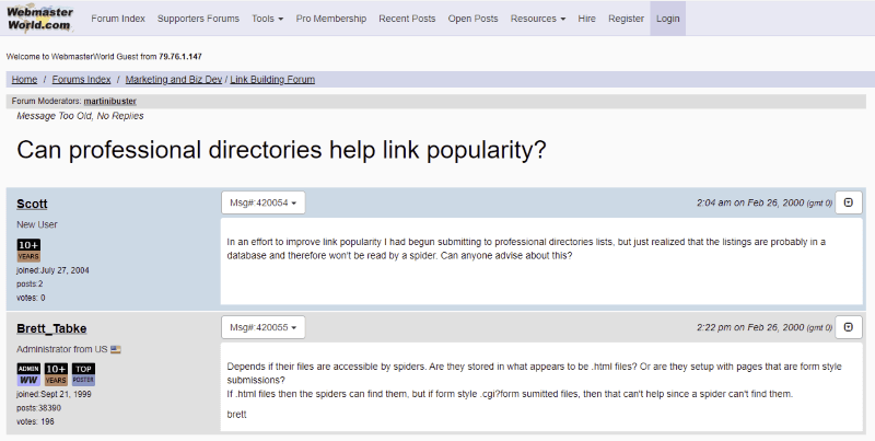 Thread on WebmasterWorld discussing if directory links can be crawled and help SEO efforts