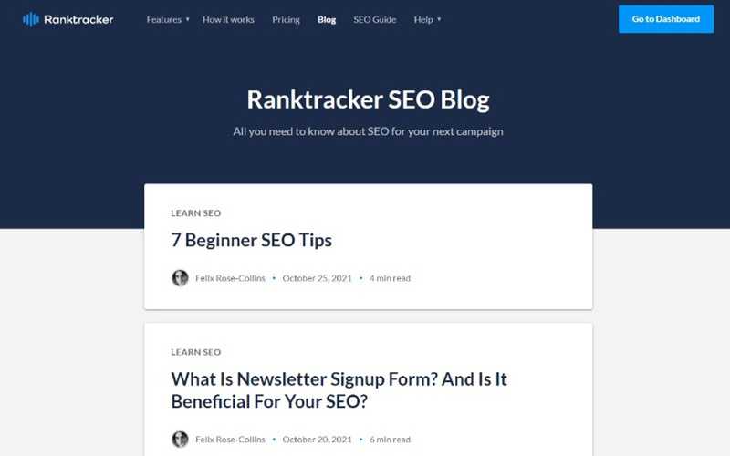 Strona z listą blogów Ranktracker