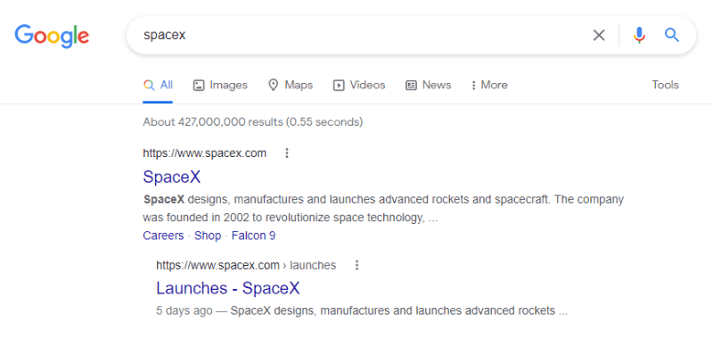 Organic results of SpaceX