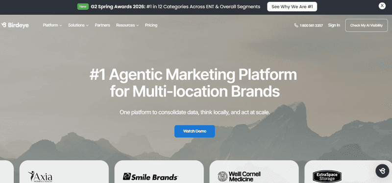 The Birdeye homepage featuring the headline, #1 Agentic Marketing Platform for multi-location Brands, with a Watch Demo call-to-action button