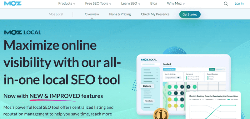 The image is a Moz Local landing page banner promoting its “all-in-one local SEO tool,” featuring the headline “Maximize online visibility with our all-in-one local SEO tool