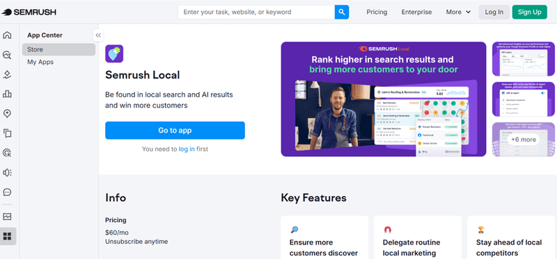 A Semrush App Center page showcasing the “Semrush Local” app with pricing, key features, and a banner about ranking higher in local search.