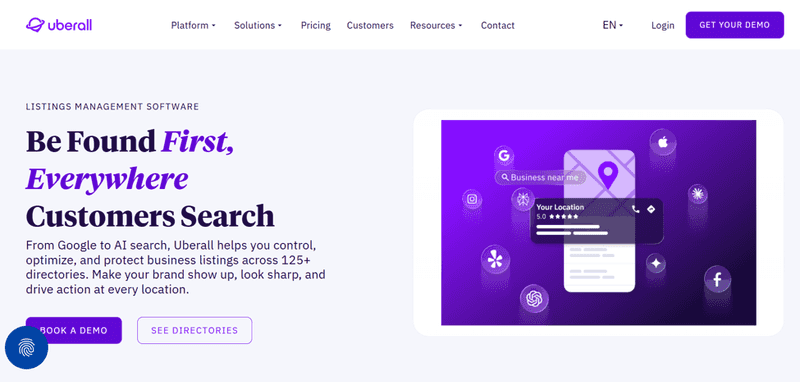 This image is the Uberall homepage for enterprise location marketing, listings management, review response, and analytics