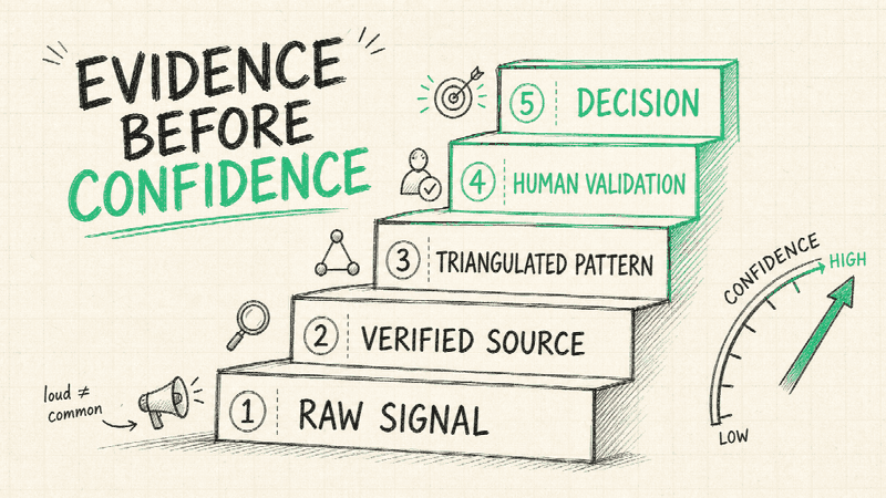 Confidence should rise only when evidence is verified, triangulated, and checked with people close to the market.