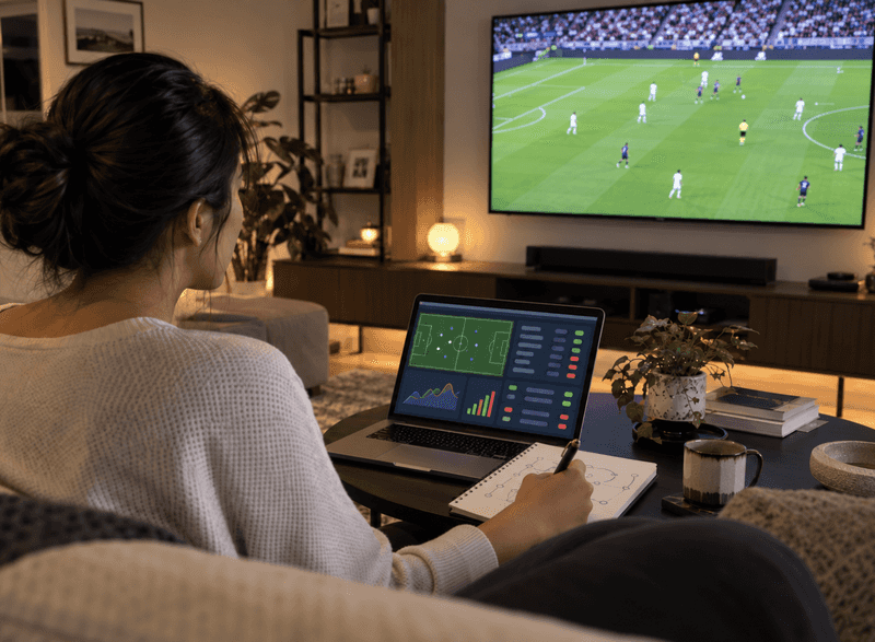 Woman watching a football match on TV while checking betting data on her laptop and taking notes.