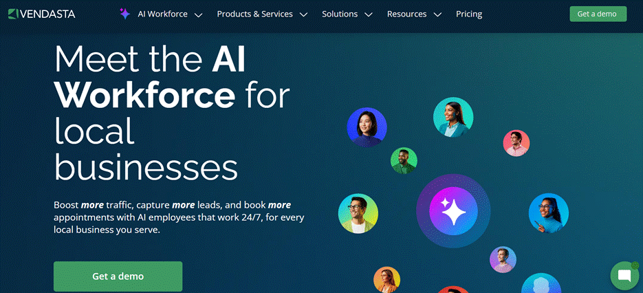 A Vendasta homepage banner promotes its “AI Workforce” that helps local businesses boost traffic, leads, and appointments with always‑on AI employees. A Vendasta homepage banner promotes its “AI Workforce” that helps local businesses boost traffic, leads, and appointments with always‑on AI employees.