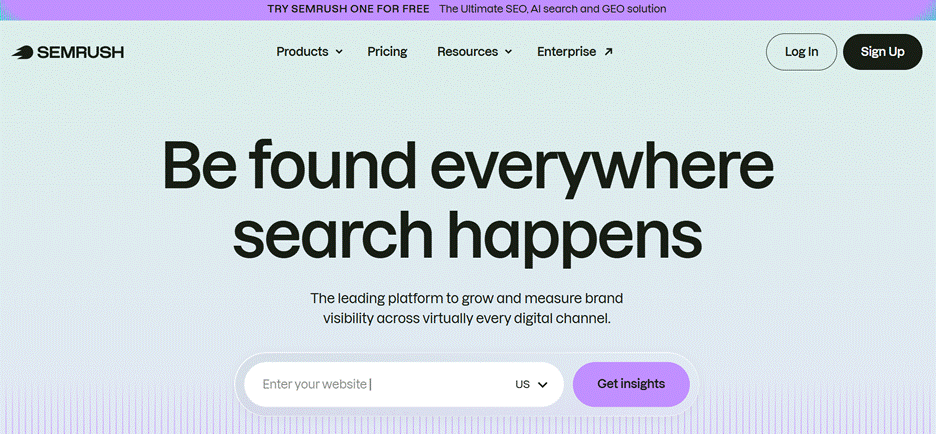 This image describes Semrush as a leading platform for growing and measuring brand visibility across digital channels, plus a website input field and “Get insights