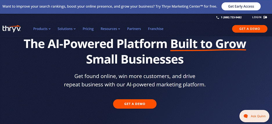 A Thryv homepage banner promotes its AI-powered marketing platform designed to help small businesses get found online, win more customers, and drive repeat business A Thryv homepage banner promotes its AI-powered marketing platform designed to help small businesses get found online, win more customers, and drive repeat business